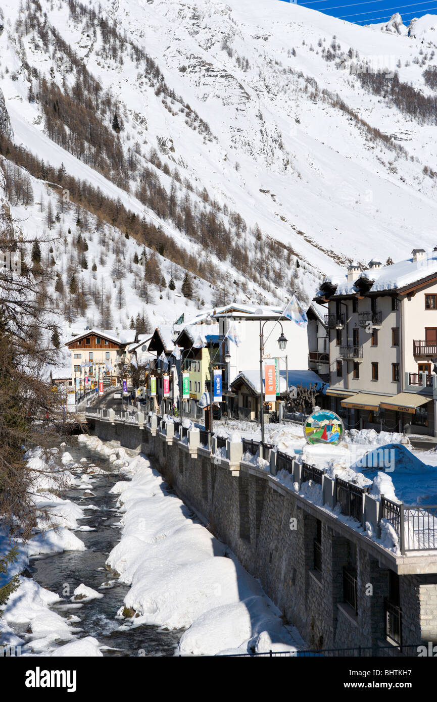 View towards the centre of the resort, La Thuile, Aosta Valley, Italy Stock Photo