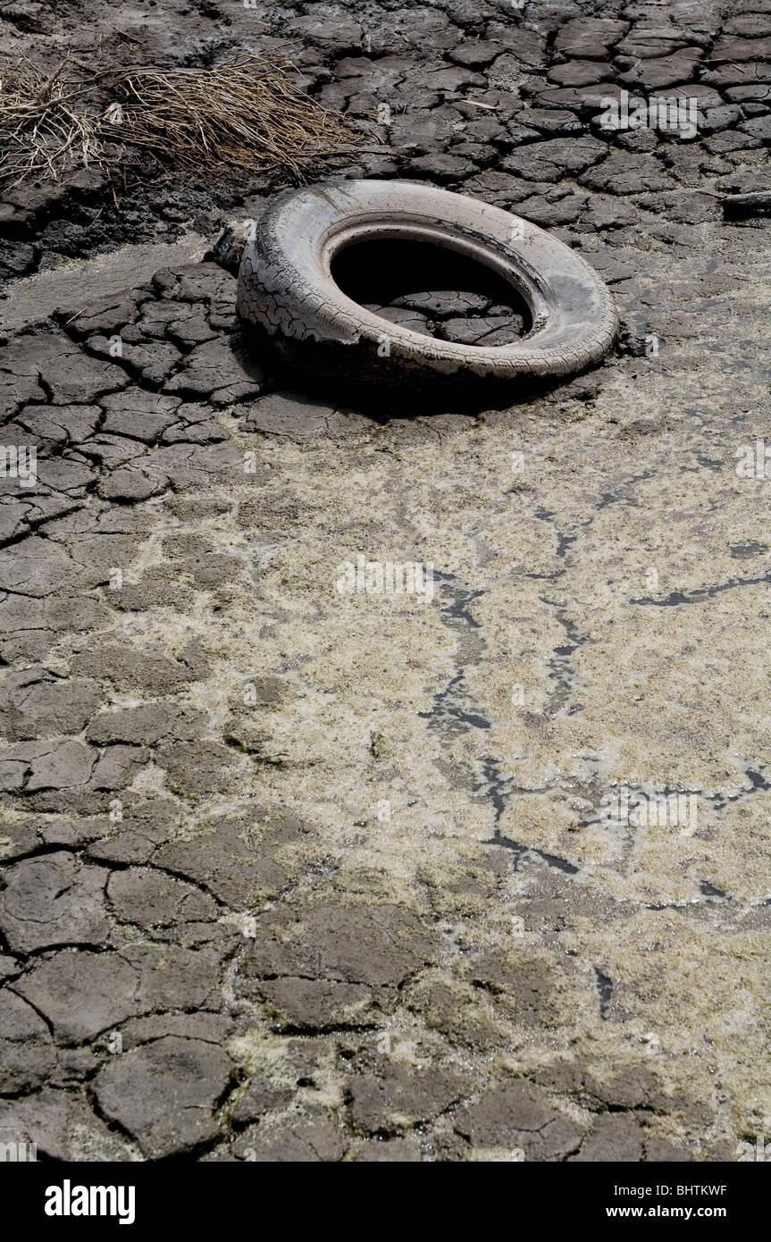 Car tyre dumped in a river that has ended up stuck in the mud of the