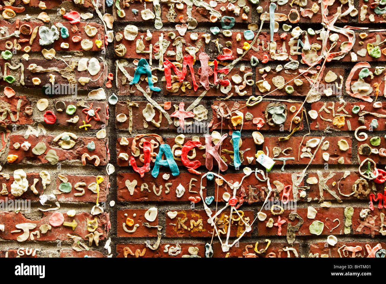 Details of bubble gum graffiti in Post Alley near the Pike Place Market in Seattle. Stock Photo