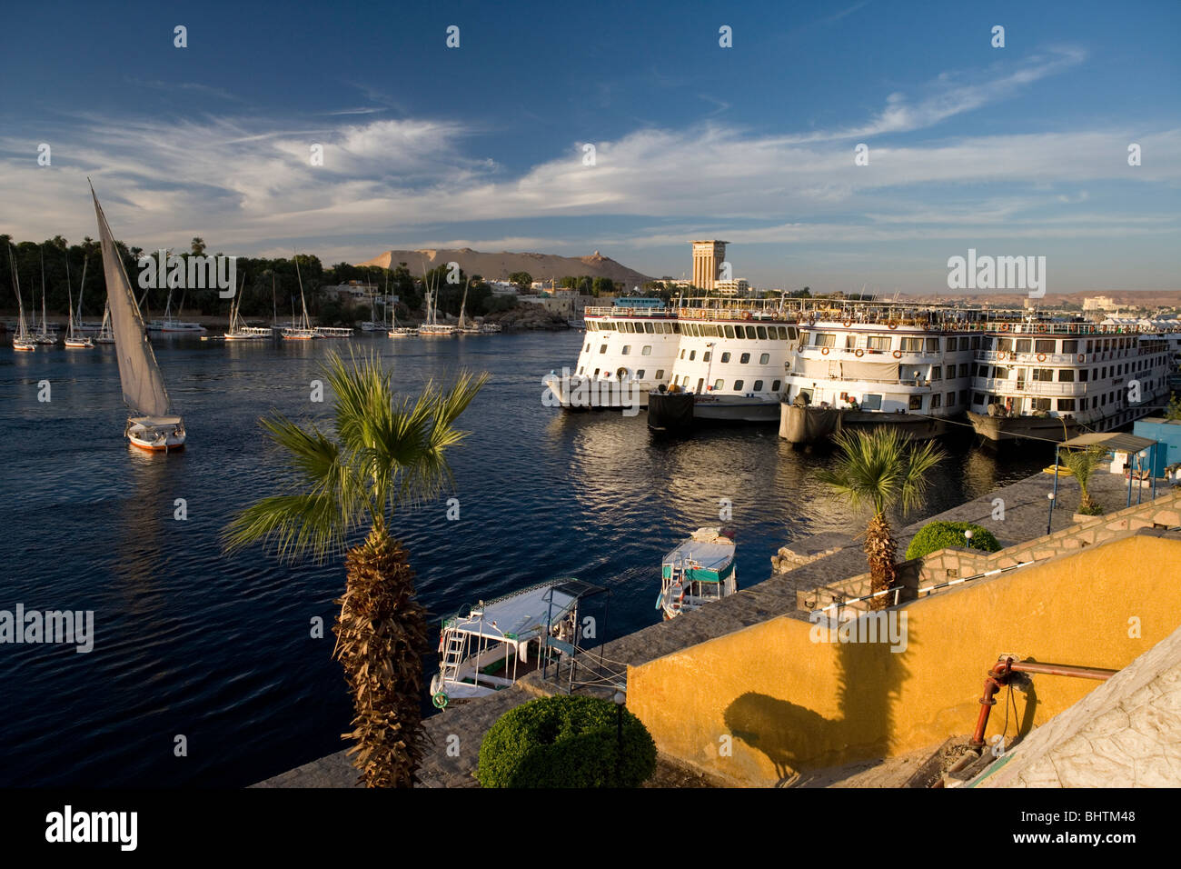 Cruise ships docked on the river Nile in Aswan, Egypt. Stock Photo
