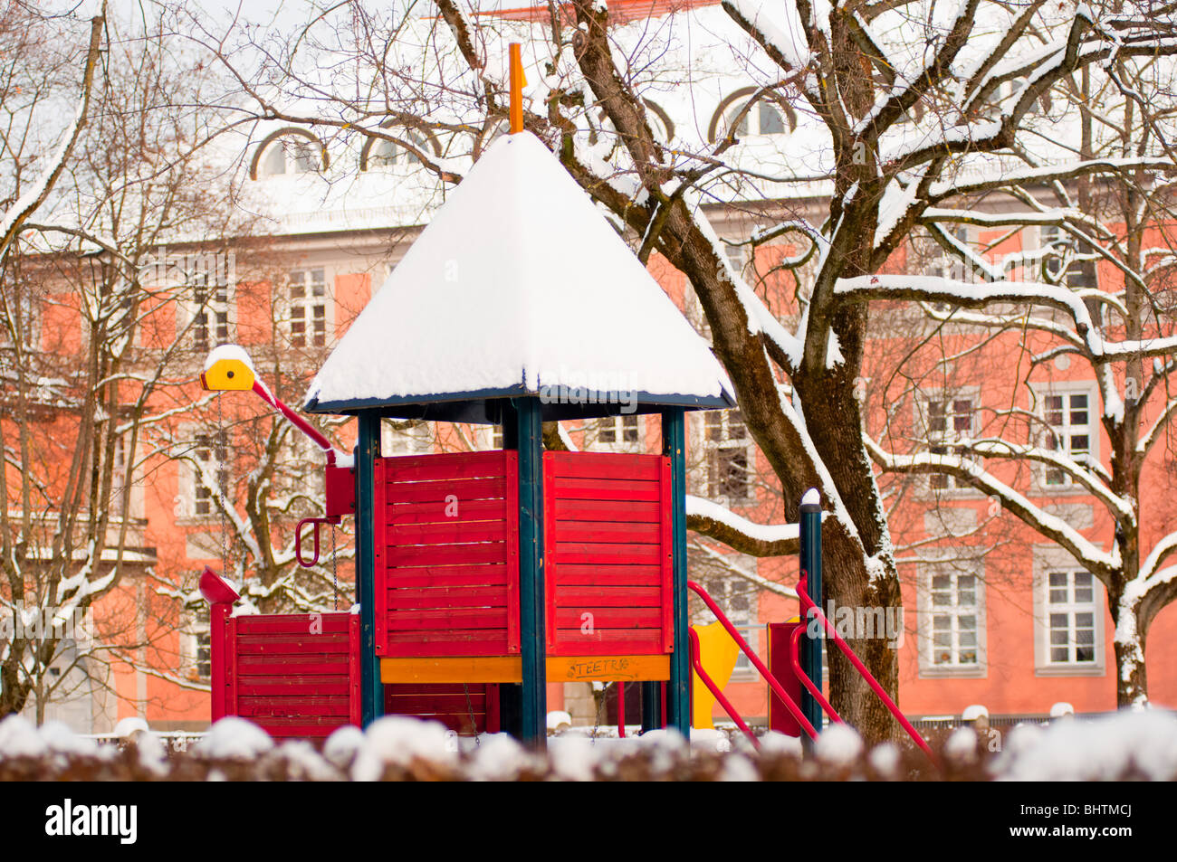 Children's playground in a snowy Munich Stock Photo