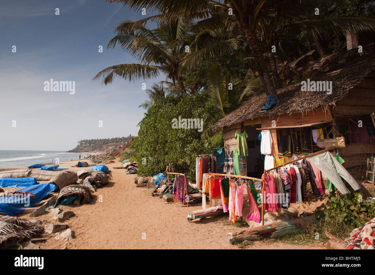 India, Kerala, Varkala beach, small seafront clothes shop Stock Photo