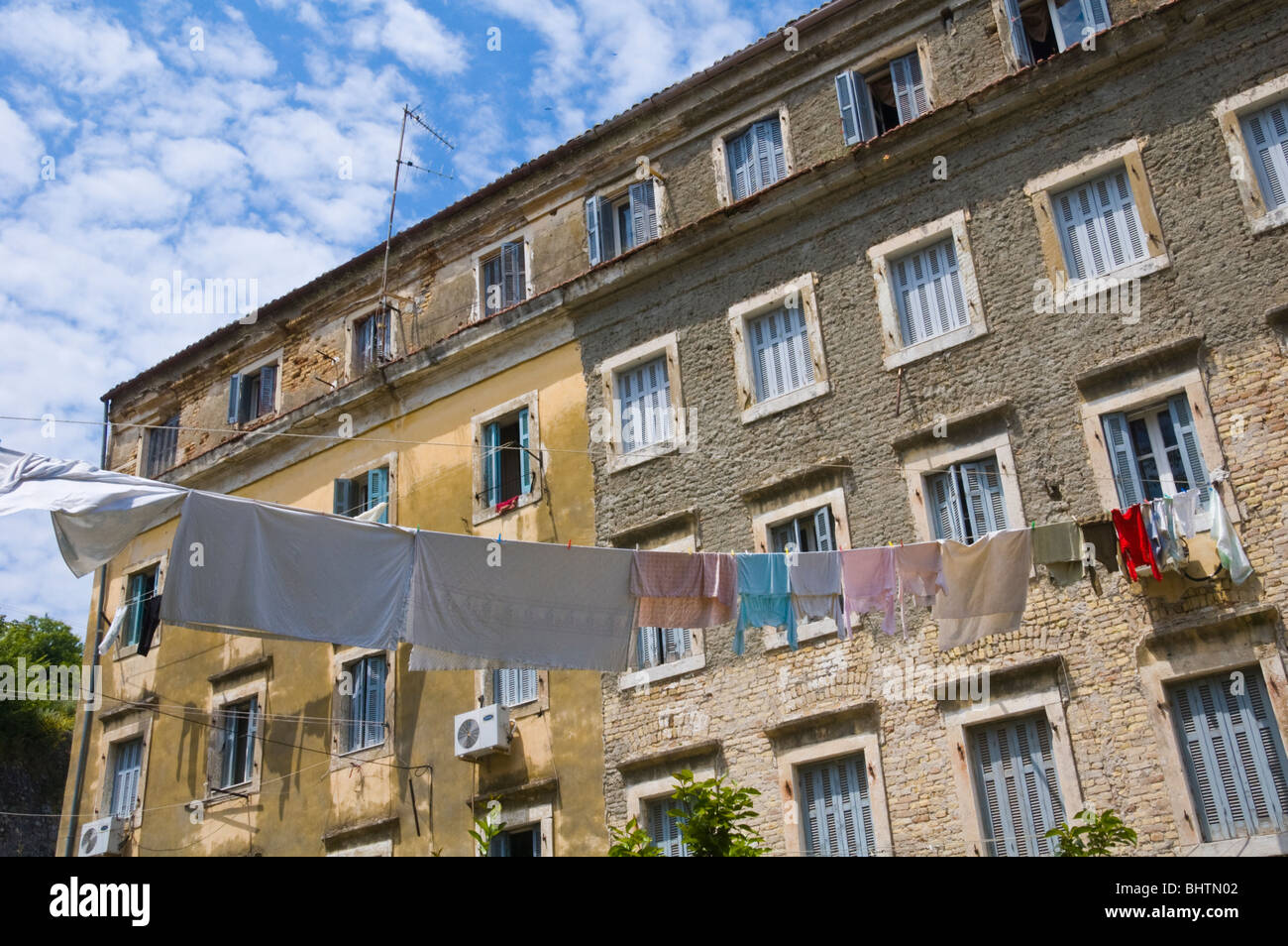 Washing Lines Strung From Local Apartments In Corfu Old Town On