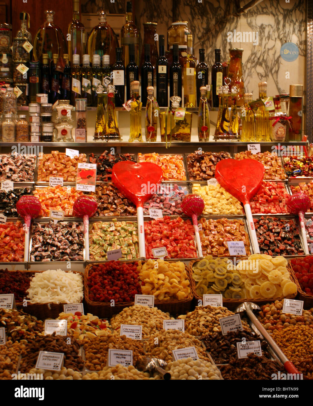 BARCELONA SPAIN LA BOQUERIA MARKET STALL DISPLAY SELLING CONFECTIONARY