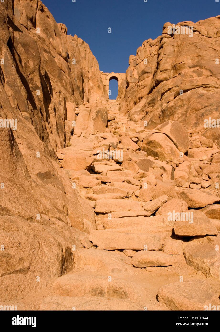 Some of the 3750 steps of penitence on the route to the summit of Mount Sinai at sunrise, Saint Katherine, Egypt. Stock Photo