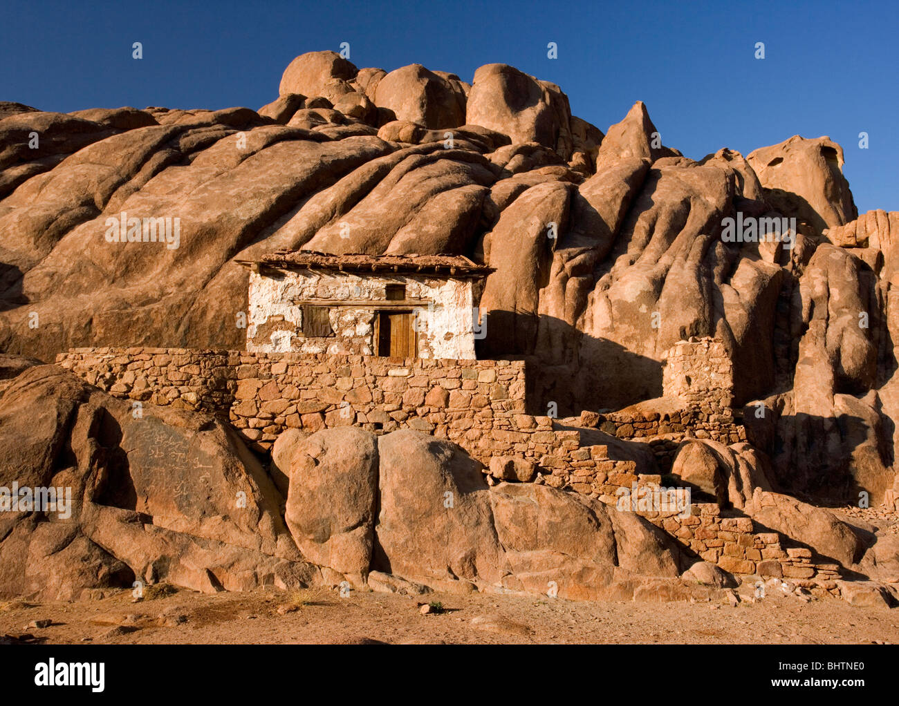 Chapel near the summit of Mount Sinai at sunrise, Saint Katherine, Egypt. Stock Photo