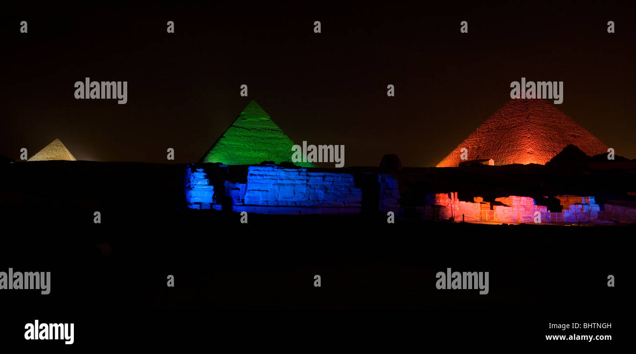 Giza Pyramids sound & light show in Cairo, Egypt. Stock Photo