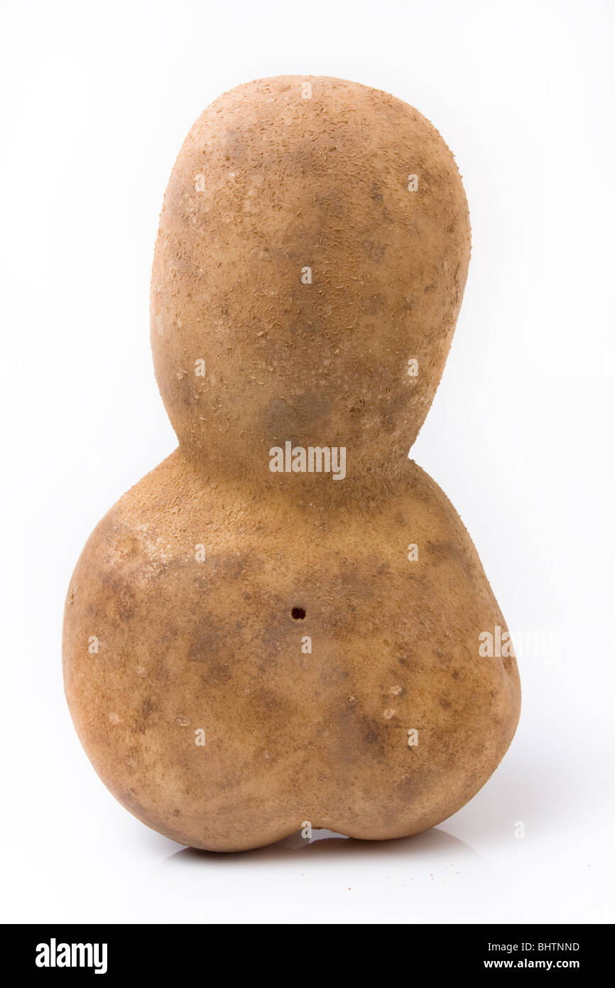 Funny potato shaped like a little mans head and body leaning forwards against white background. Stock Photo