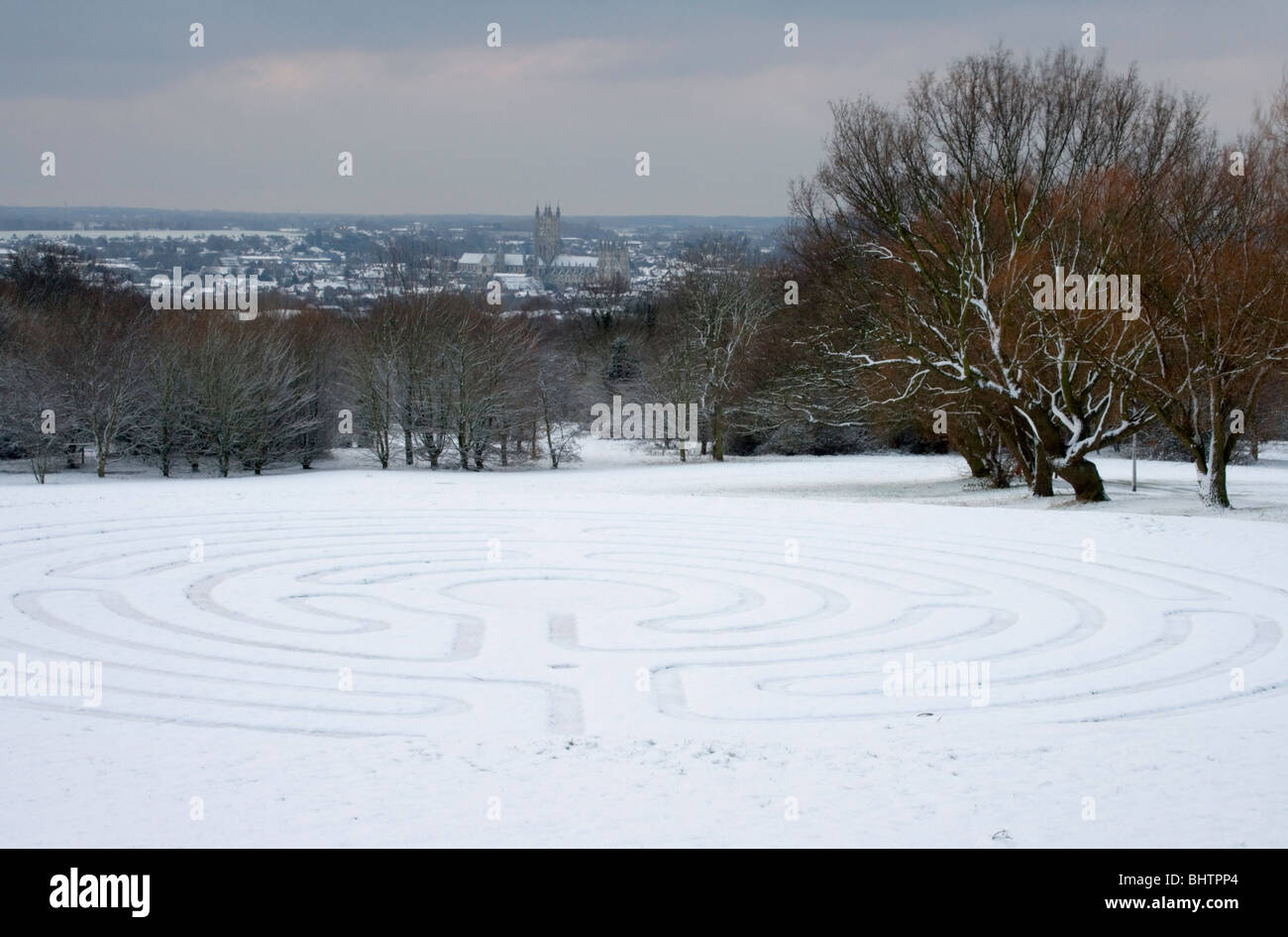 The Labyrinth and Canterbury Cathedral Viewed from the university in Kent, UK. Stock Photo