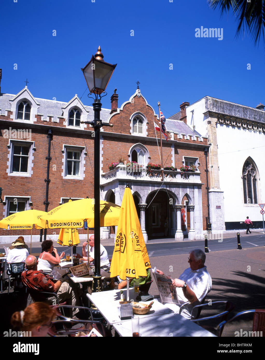 The Convent (Governor's Residence) showing street cafe, Main Street, Gibraltar Town, Gibraltar Stock Photo