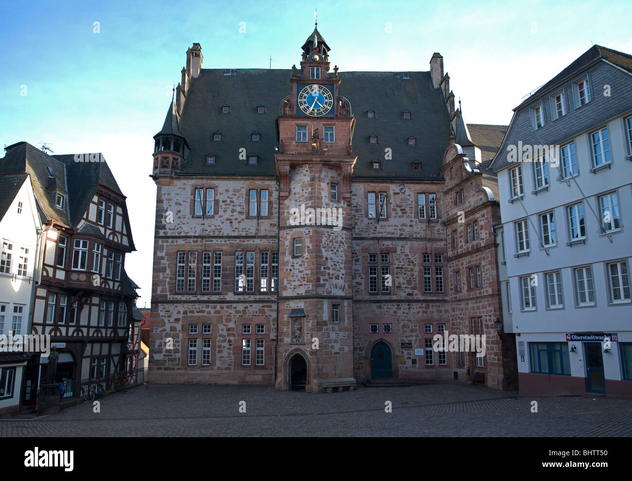 Townhall of Marburg, Hesse, Germany with market place and half-timbered houses pictured on 27th February 2010. Stock Photo