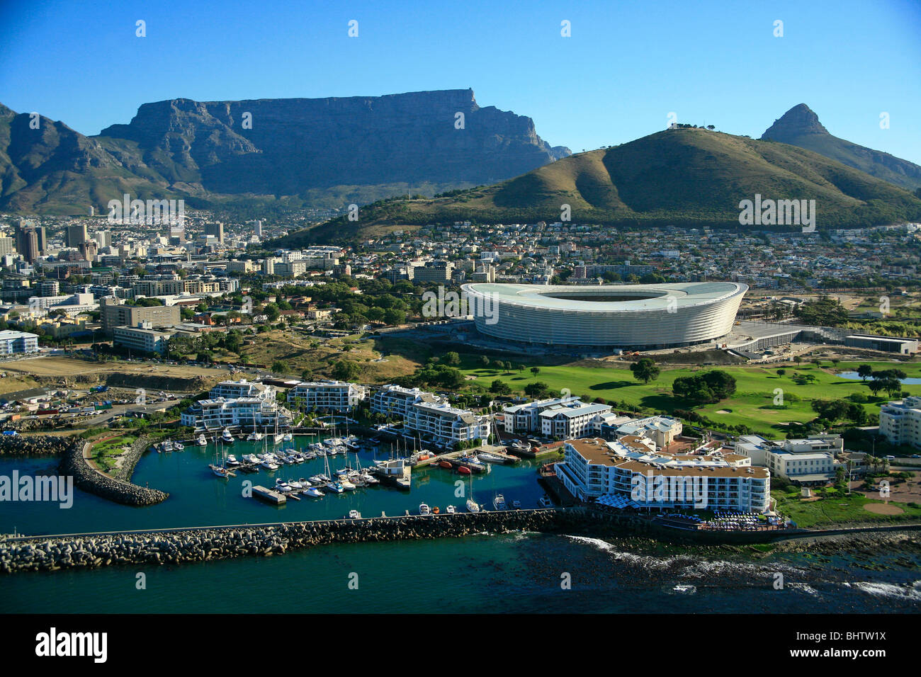 Aerial view of Green Point stadium built for the 2010 Fifa Soccer world cup in Cape Town in 2010 Stock Photo