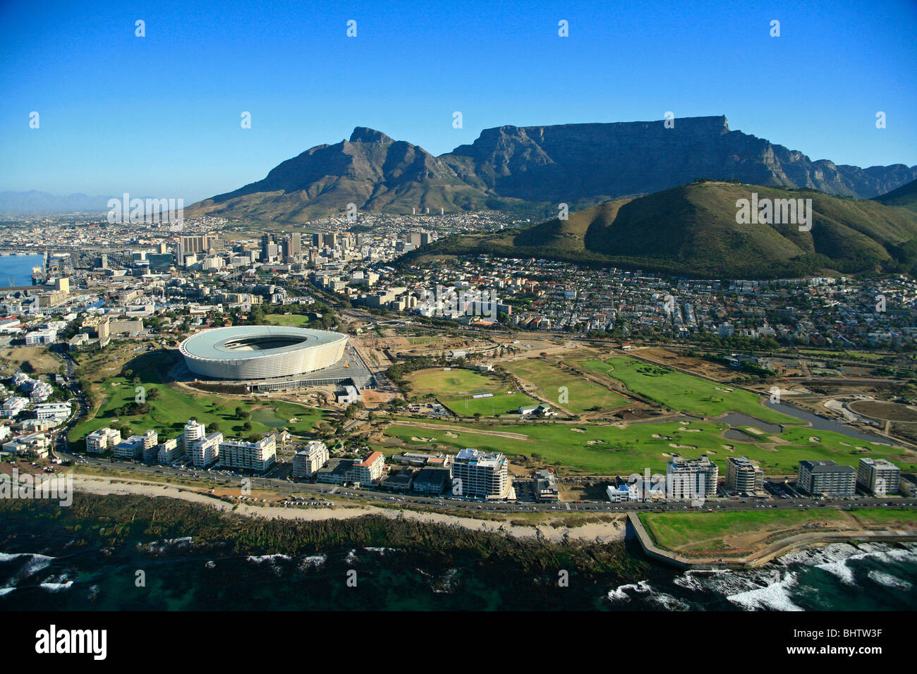 Aerial view of Cape Town and Green Point stadium built for the 2010 Fifa Soccer world cup in Cape Town in 2010 Stock Photo
