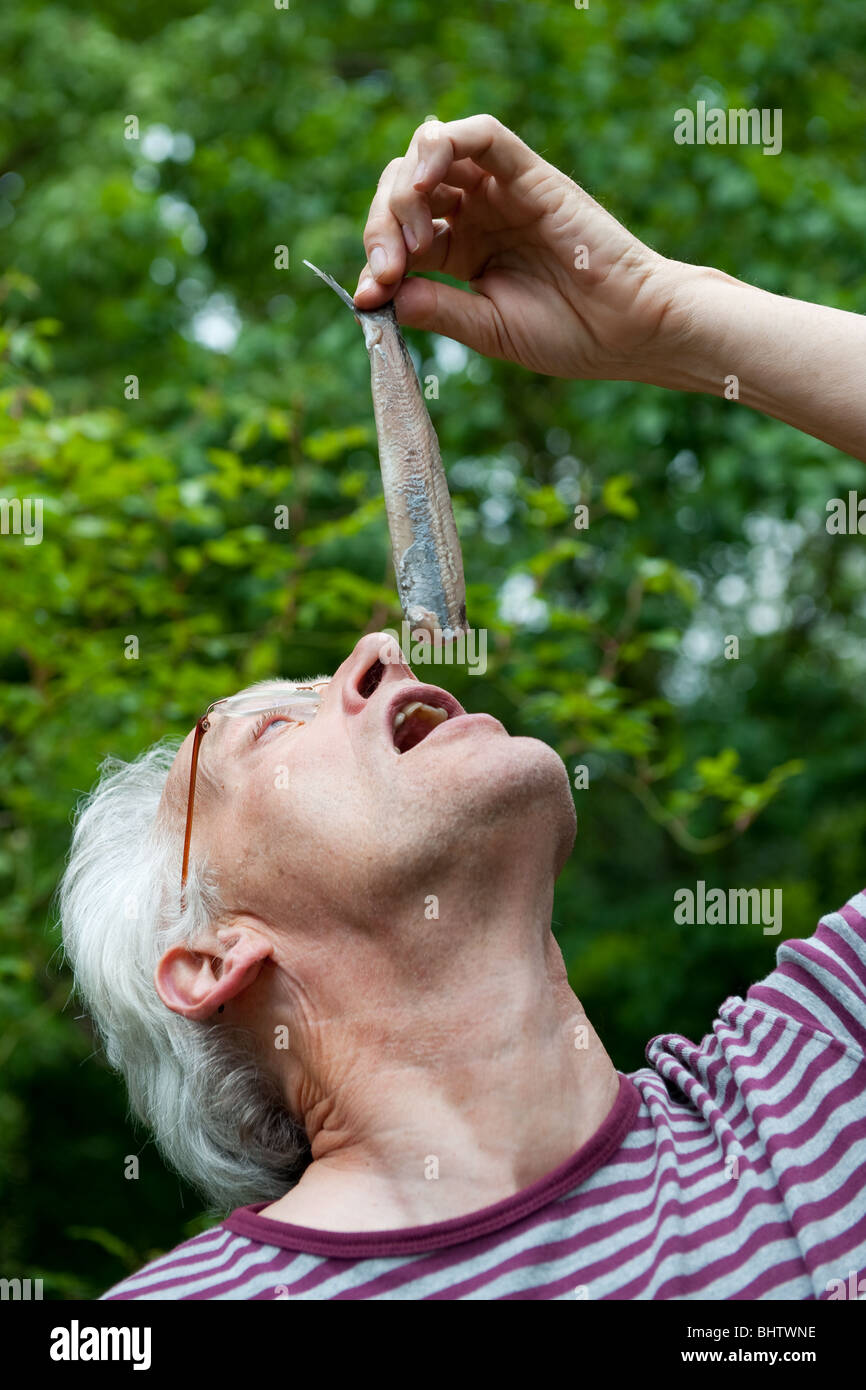 Dutch man is eating typical raw herring Stock Photo Alamy