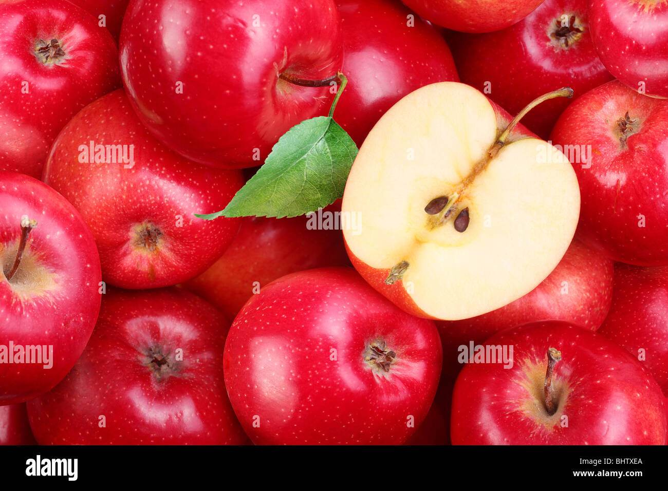 Red apples with leaf Stock Photo