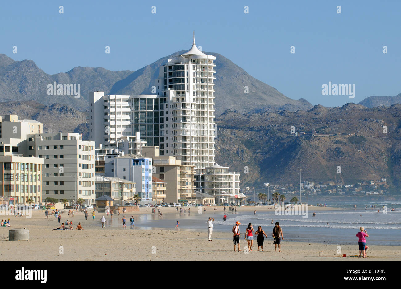 Seaside resort of Strand and in the distance Gordons Bay sitting below