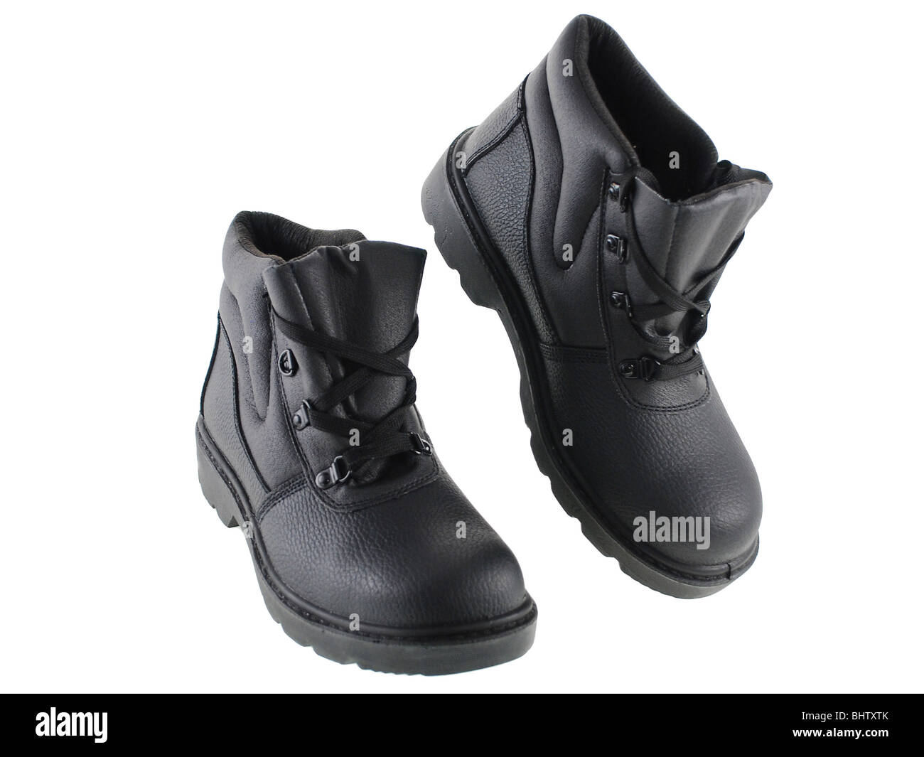 Heavy black workmen's leather boots - schwarze Ledersicherheitsstiefel Stock Photo