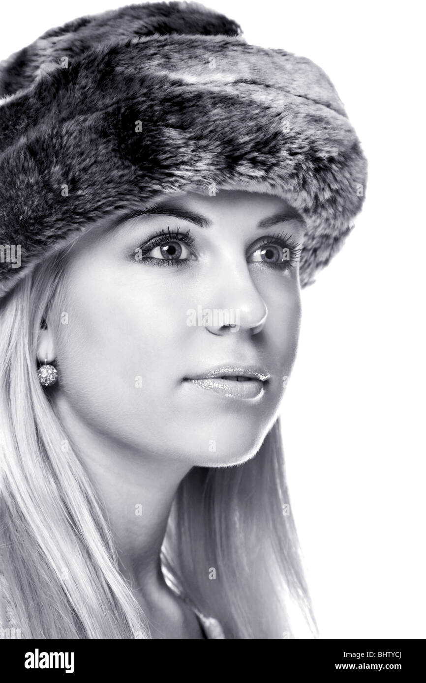 Black and white images of a woman wearing a fur hat Stock Photo
