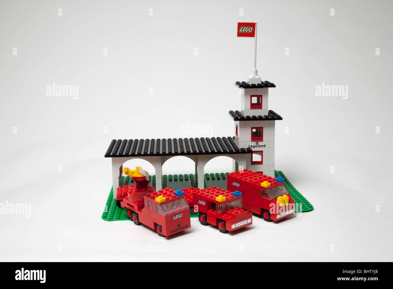 Old lego toy set fire brigade station Stock Photo