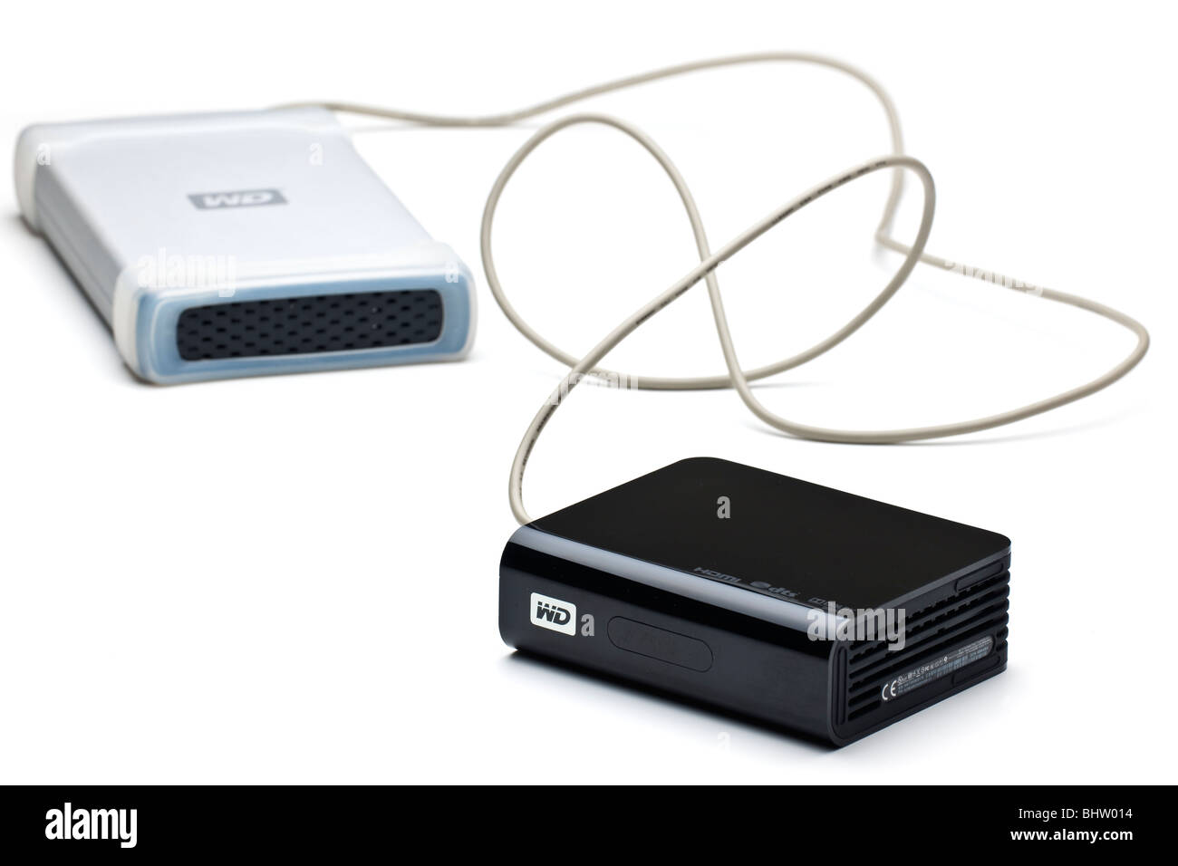 Western Digital TV HD 1080p media Player attached by usb cable to a hard drive Stock Photo