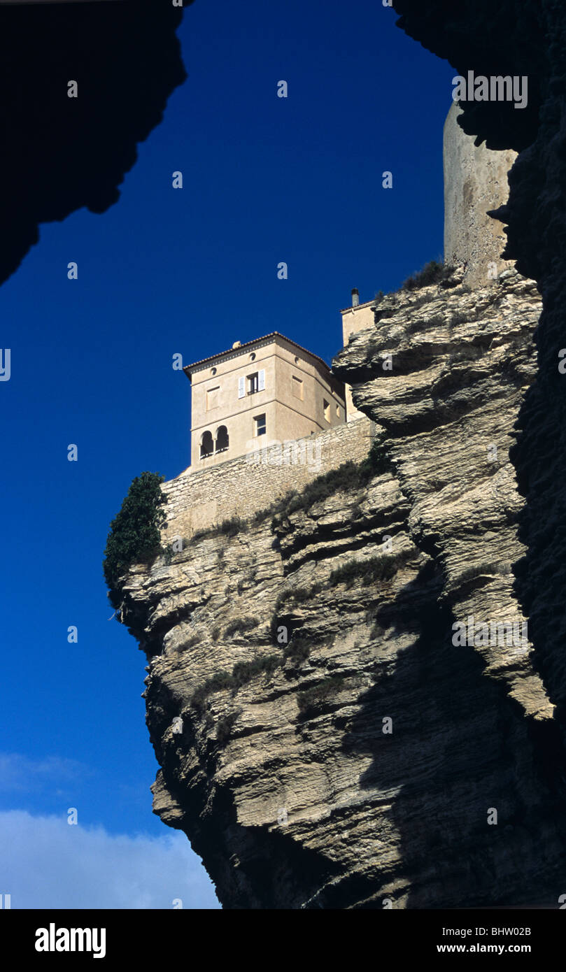 Clifftop House or House Perched on Top of Limestone Cliffs, Bonifacio, Corsica, France Stock Photo