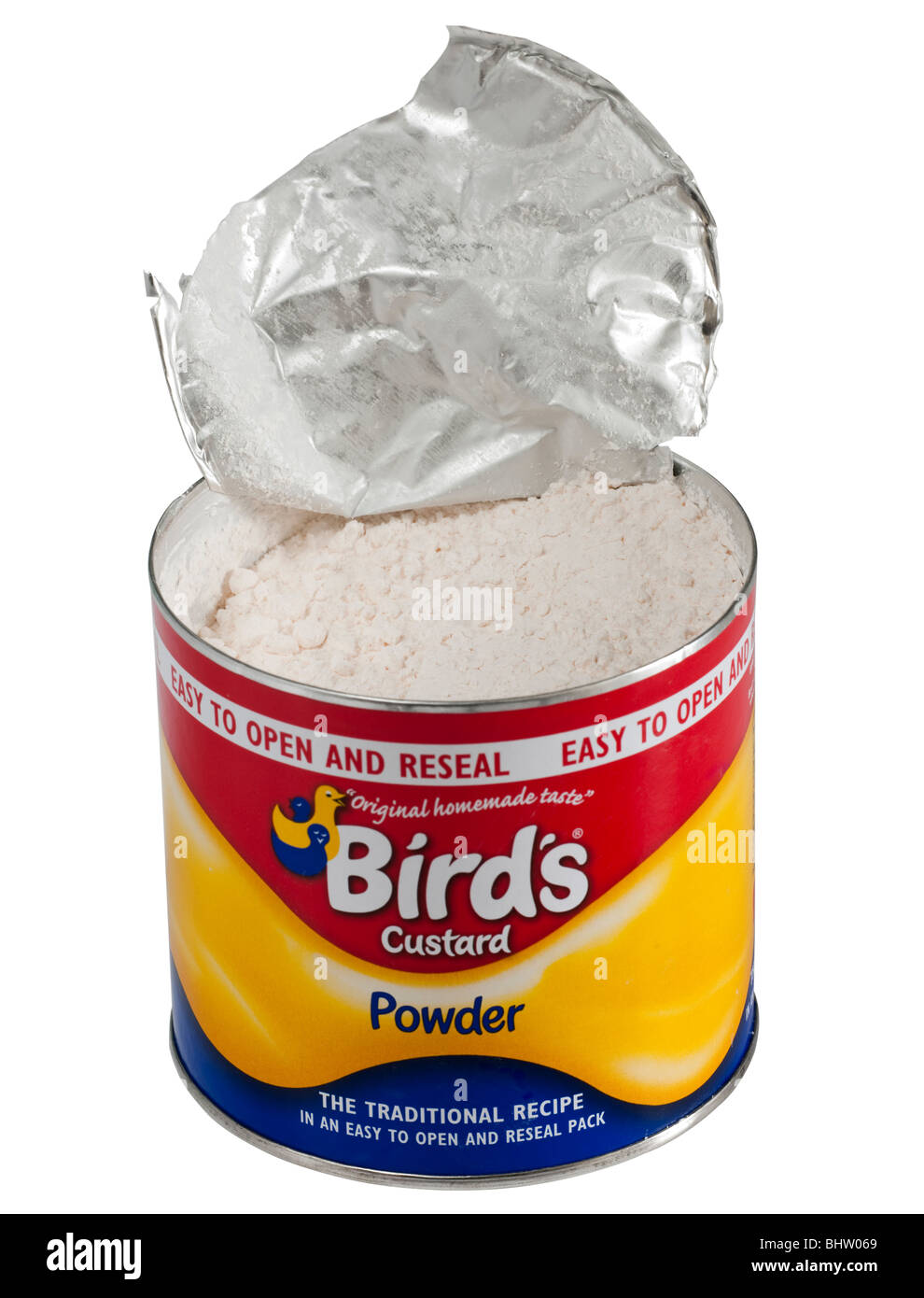 Open foil 300 gram container of Birds custard powder Stock Photo