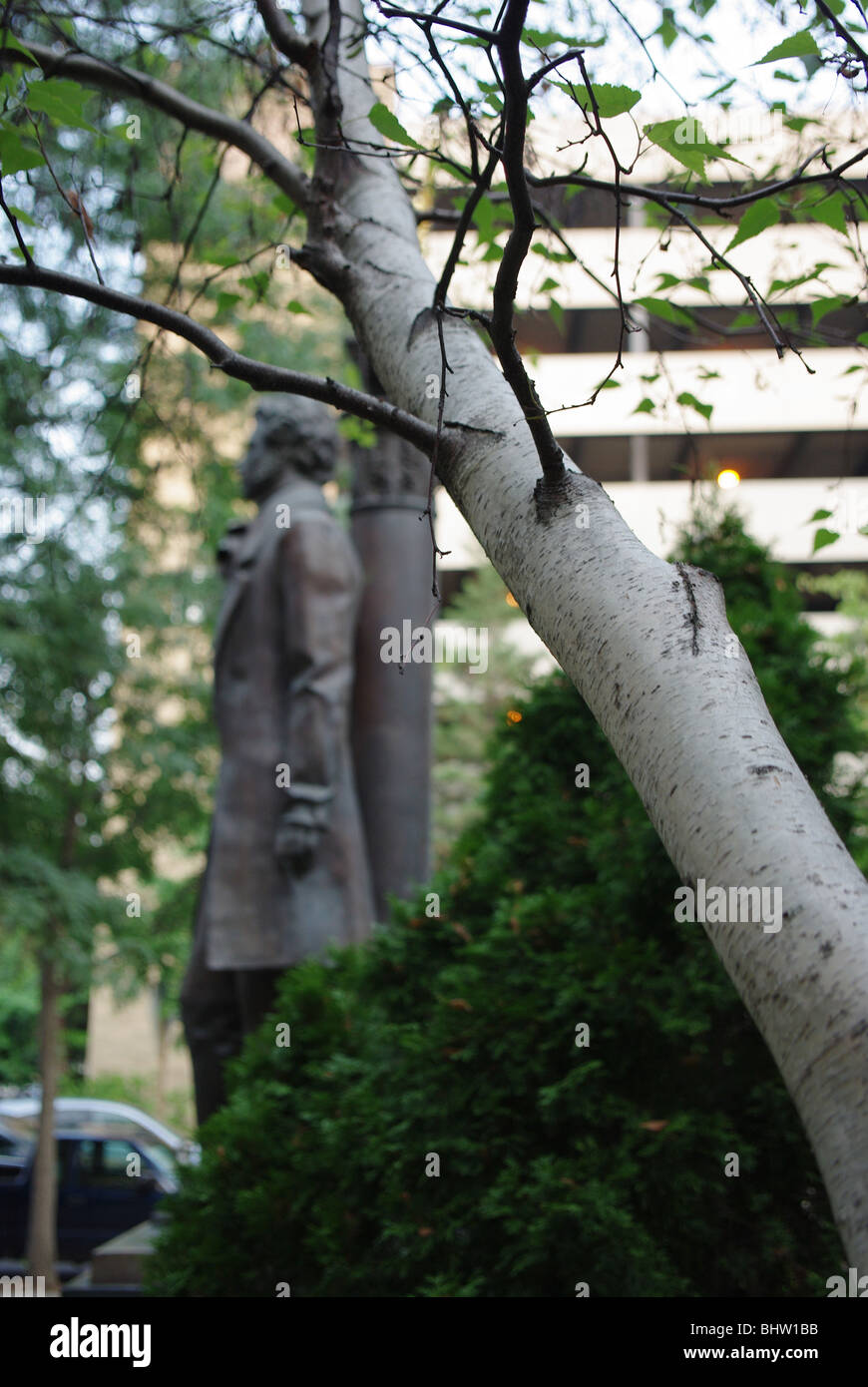 Alexander Pushkin's statue  by Alexander Bourganov in downtown Washington, D.C. Erected in 1999-2000, gift from the Government of Moscow. Stock Photo