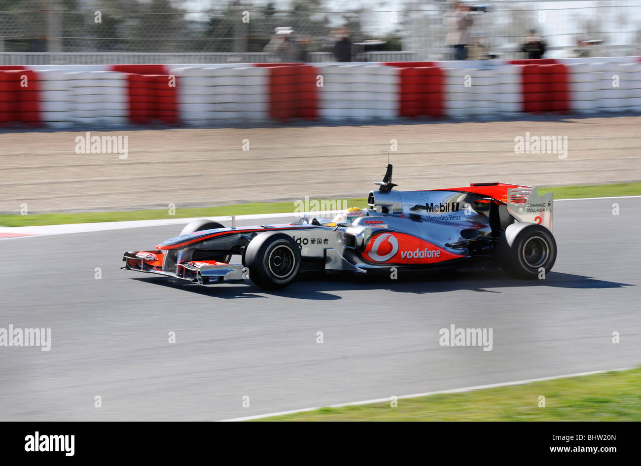 Lewis Hamilton driving for the McLaren–Mercedes team during testing at the Circuit de Catalunya, Montmelo, Spain 2010 Stock Photo