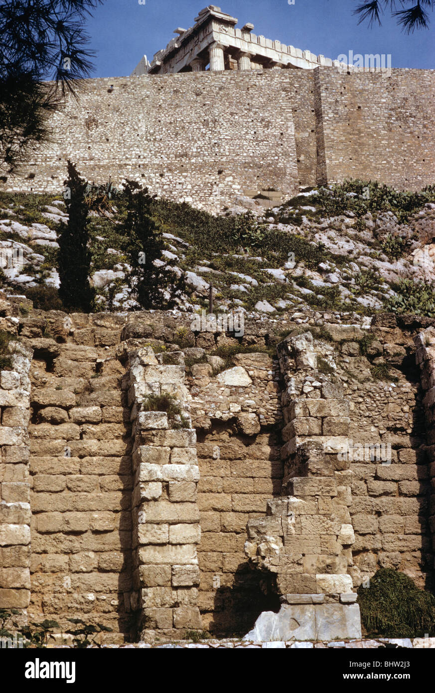 The stoa of Eumenes below the Parthenon on the Acropolis, Athens ...