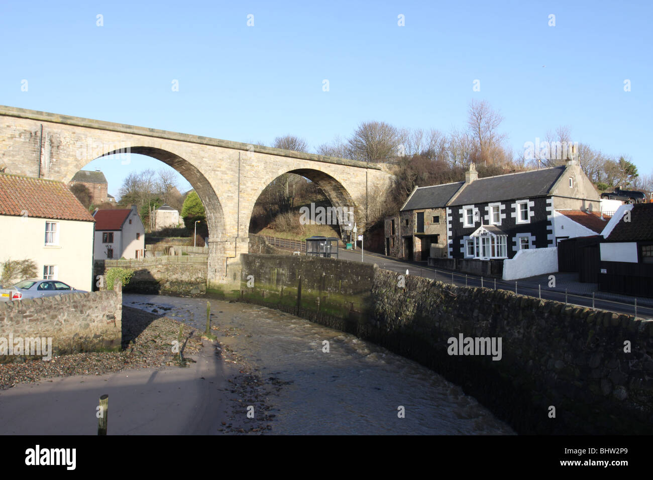 Viaduct and houses Lower Largo Fife Scotland December 2009 Stock Photo