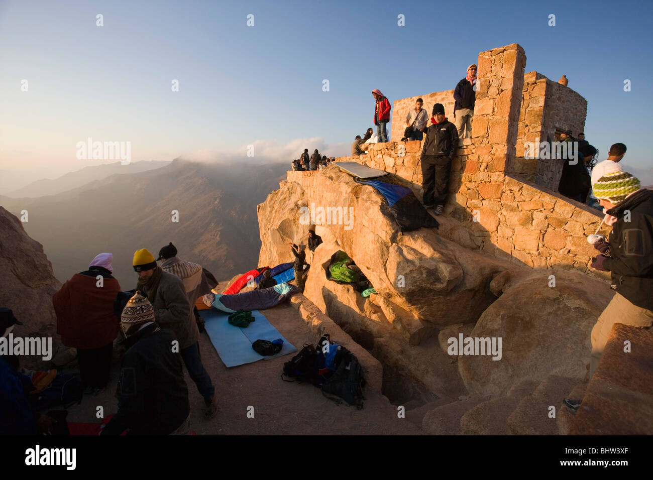 Pilgrims spend the night on the summit of Mount Sinai to see the sunrise, Saint Katherine, Egypt. Stock Photo
