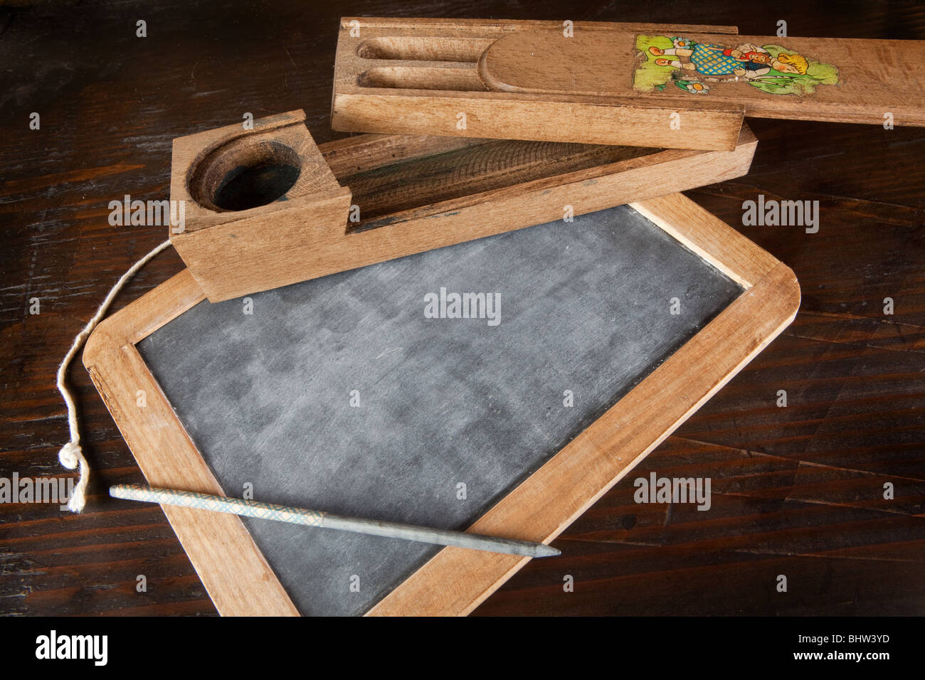 Antique wooden slate and pencil with copy space Stock Photo Alamy