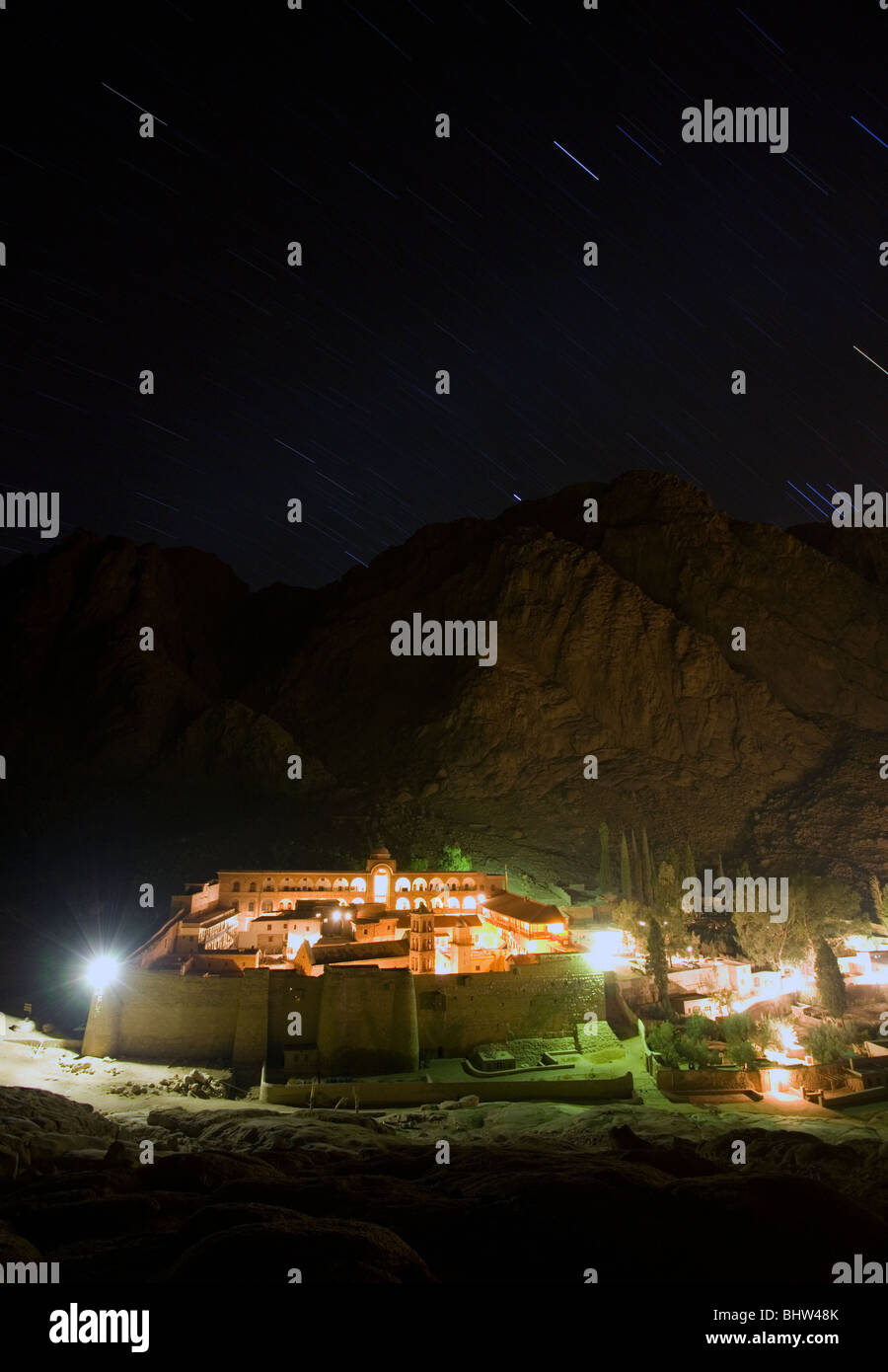 Star trails over Saint Catherine's Monastery in the Sinai Peninsula, St. Katherine, Egypt. Stock Photo