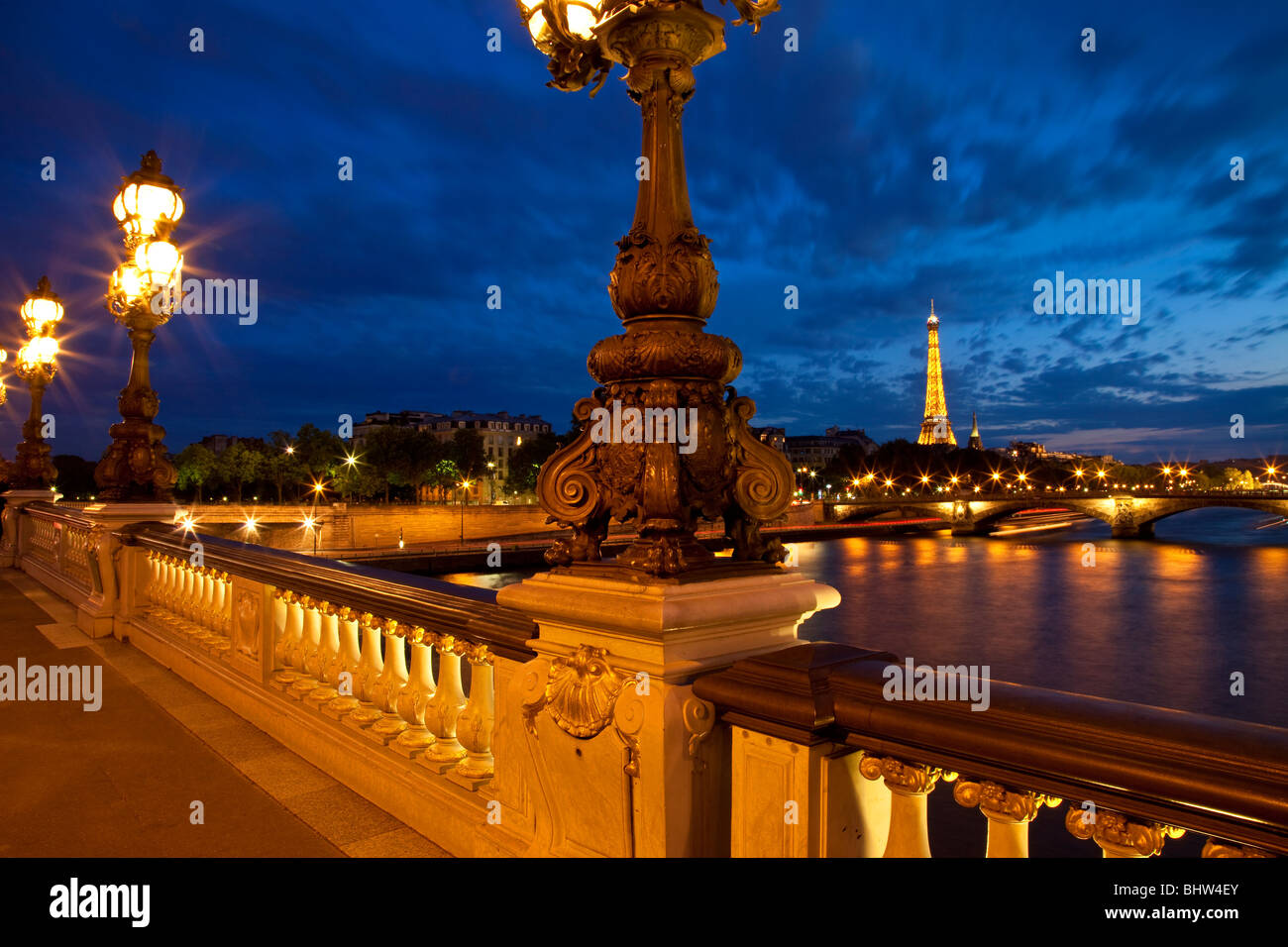 Eiffel Tower, River Seine at dusk from Pont Alexandre III Paris France ...
