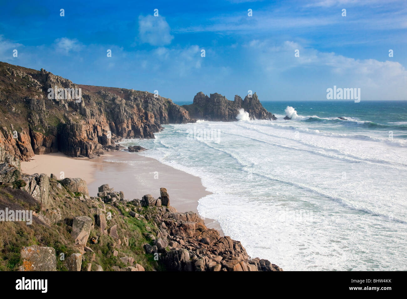 Pednvounder; waves crash on the rocks; Cornwall Stock Photo