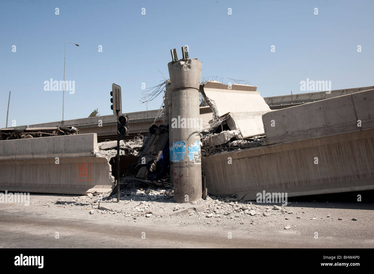 Collapsed Higway, Americo Vespucio Norte. With cars who fell in to the empty. Stock Photo