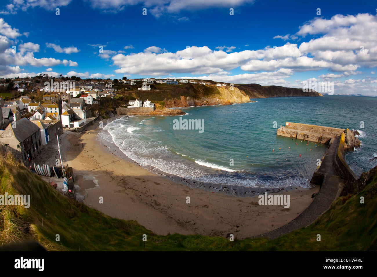 Gorran Haven village and beach; Cornwall with fish eye lens Stock Photo