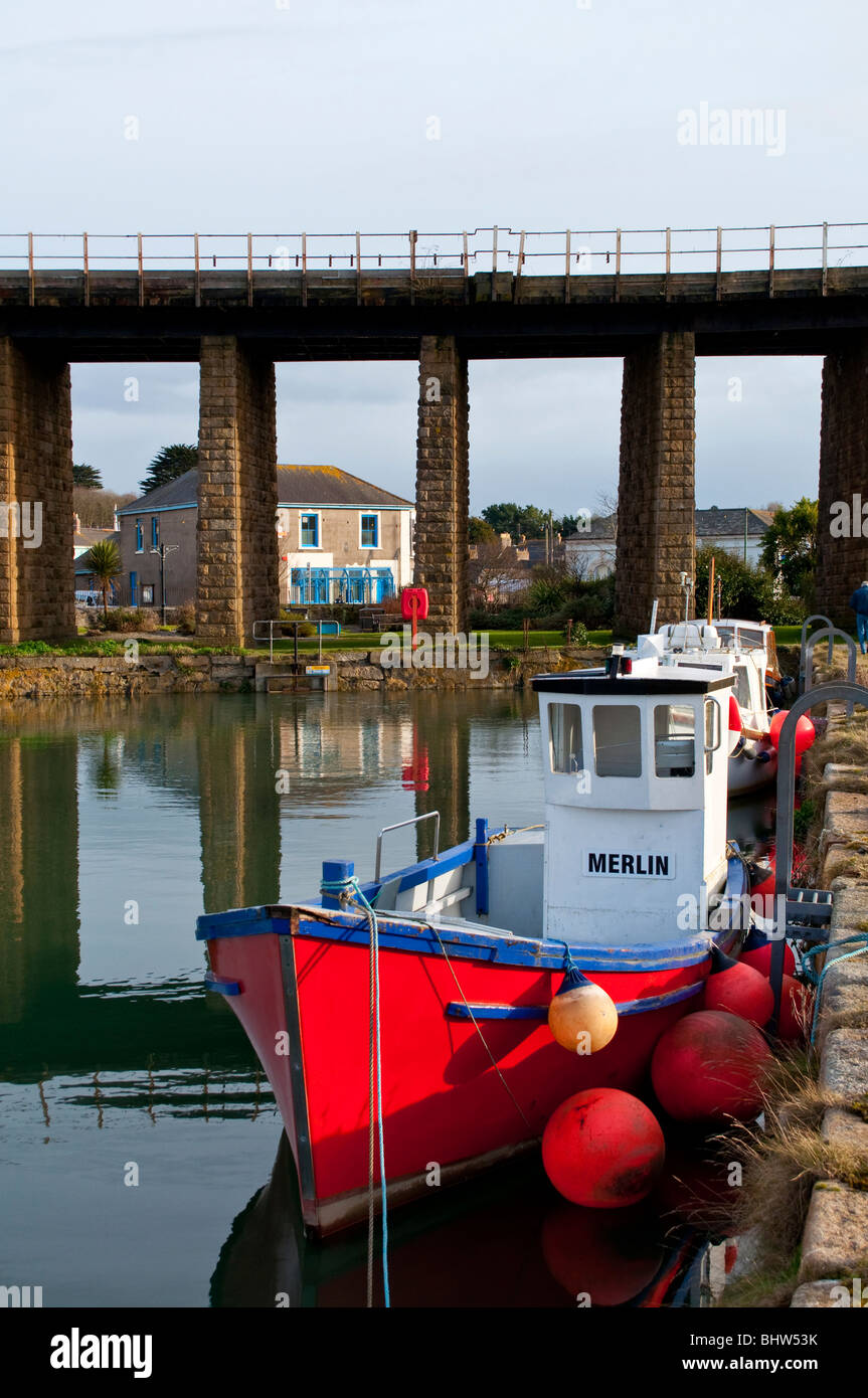 a fishing boat moored at the harbour in hayle, cornwall, uk Stock Photo