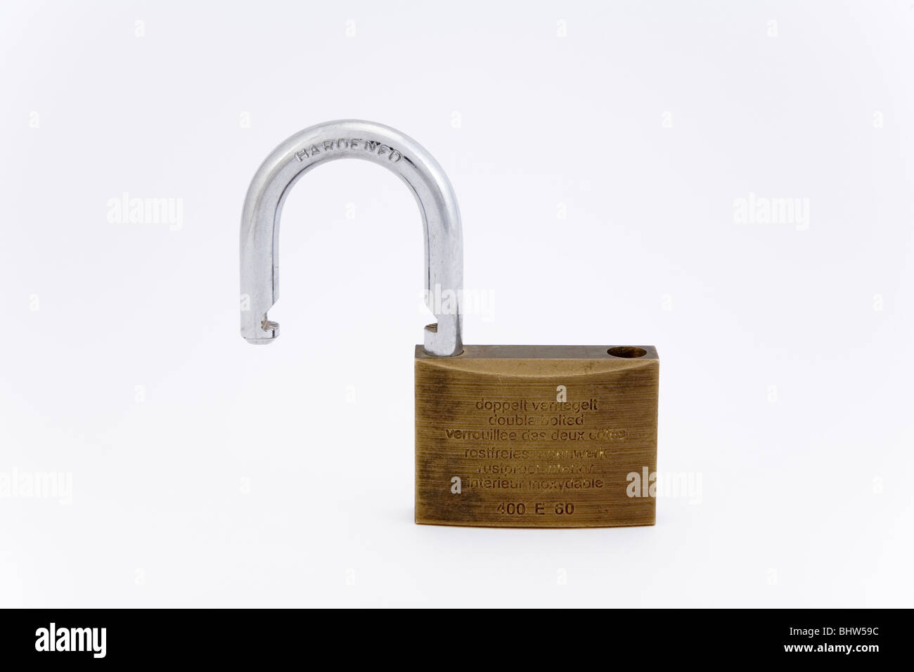 Key lock open unlocked padlock white background item security old Stock