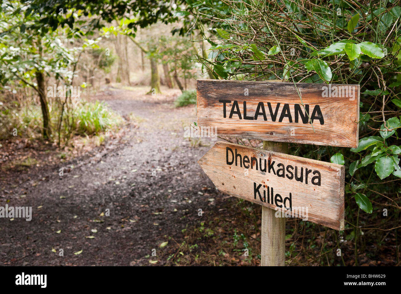 Hare Krishna forest walk.  Sign for Talavana, a station commemorating the death of Dhenukasura Stock Photo