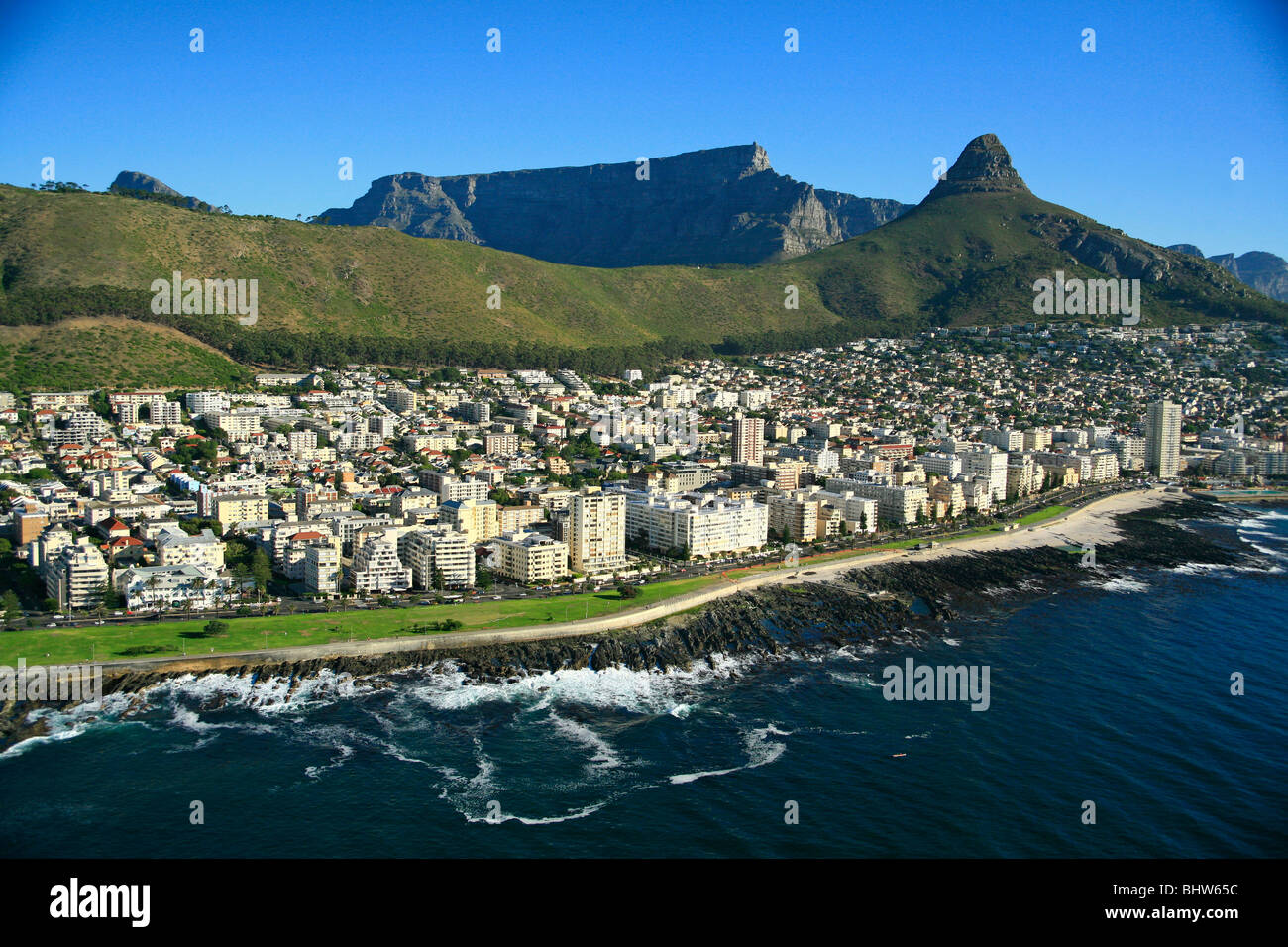 Sea Point, Table Mountain and Lions Head, Atlantic seaboard, Cape Town, South Africa. Stock Photo
