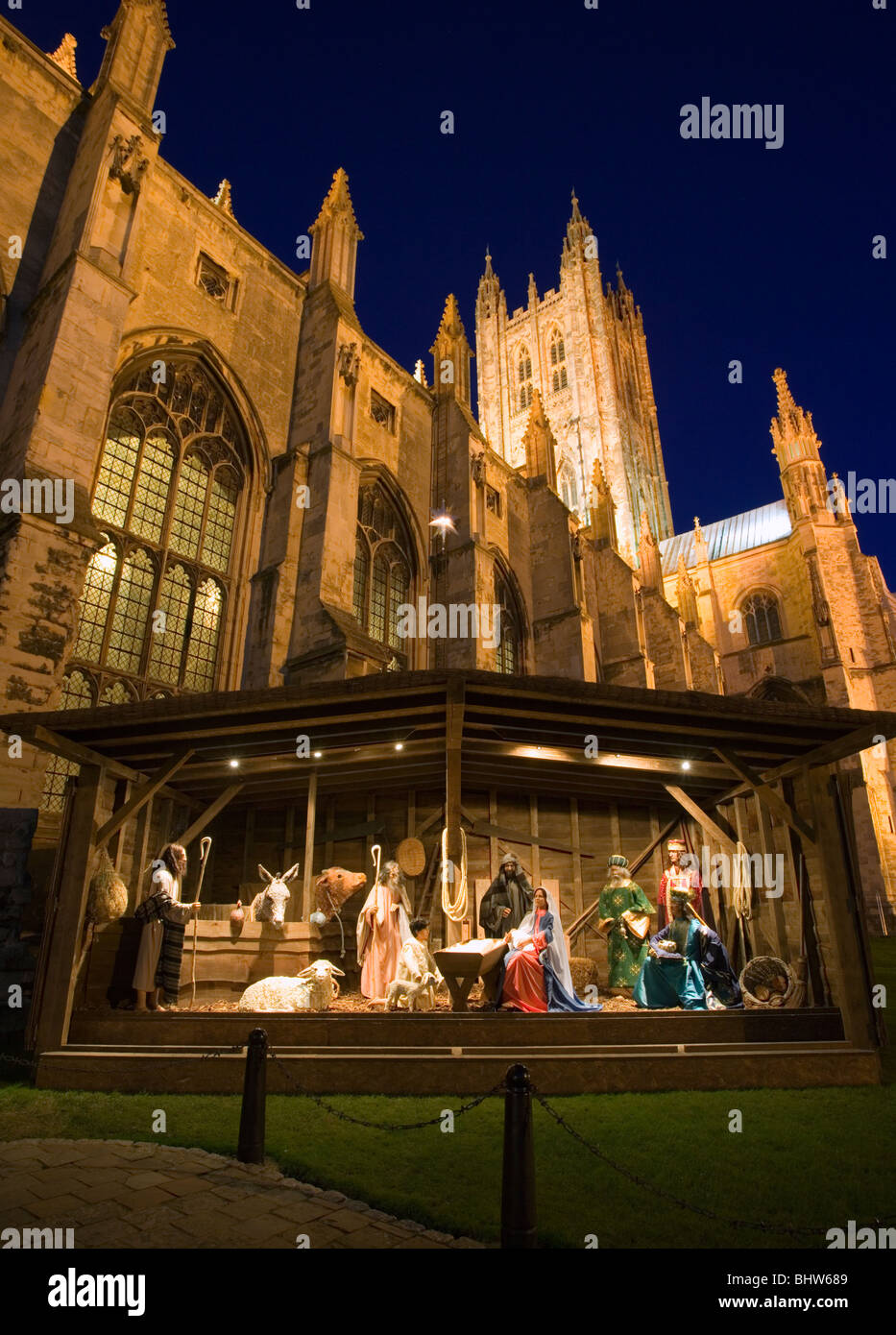 Christmas stall with nativity scene at Canterbury Cathedral in Kent, UK