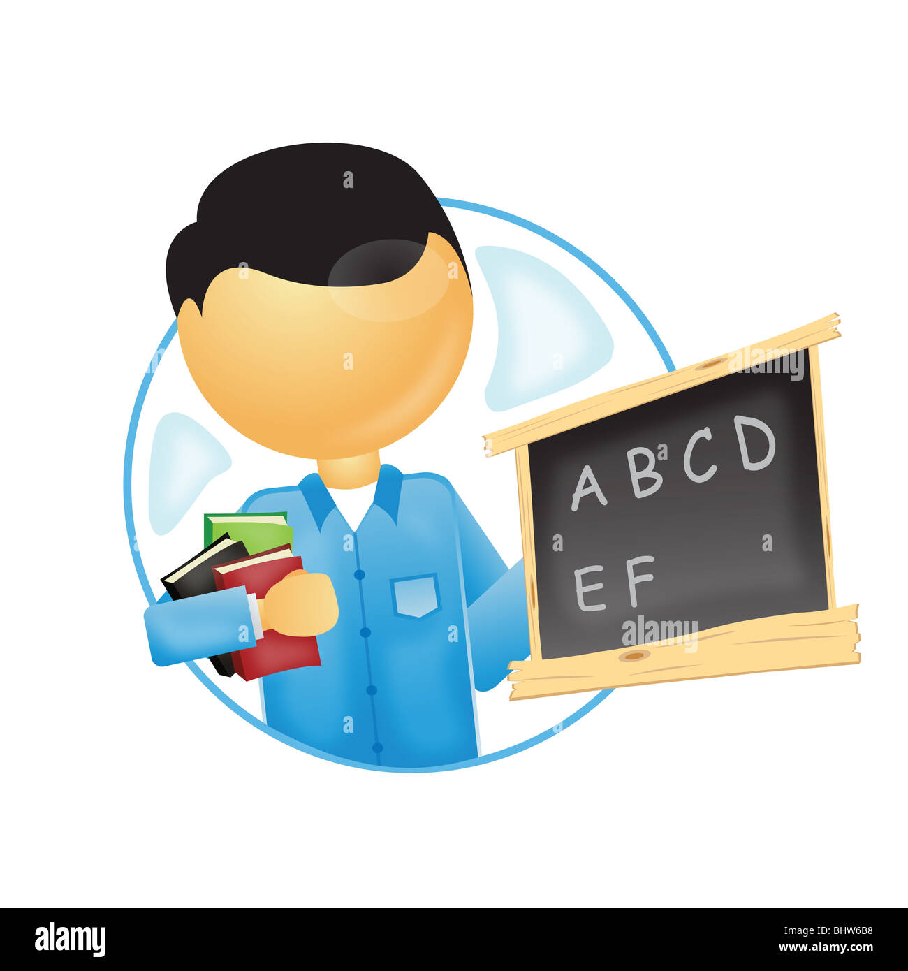 a teacher holding books and alphabets on black board Stock Photo