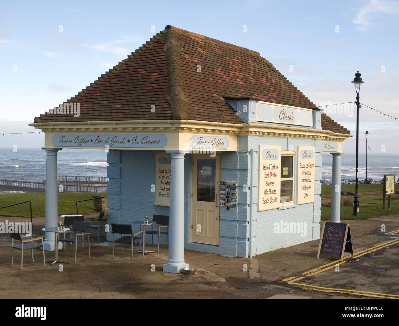 A newly refurbished kiosk selling ice cream and refreshments on West Cliff Whitby North Yorkshire Stock Photo