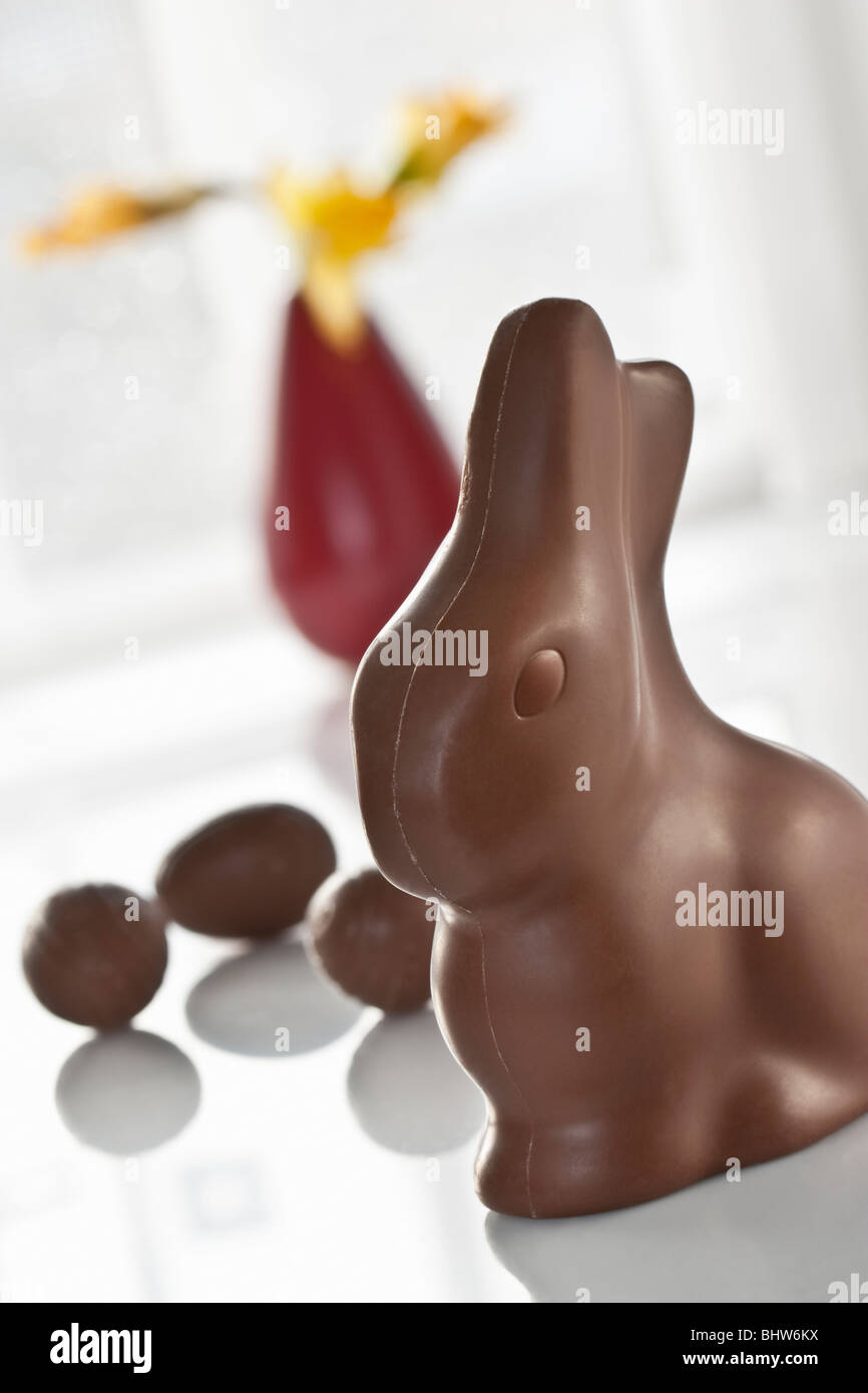 Close up of chocolate bunny, Easter still life Stock Photo