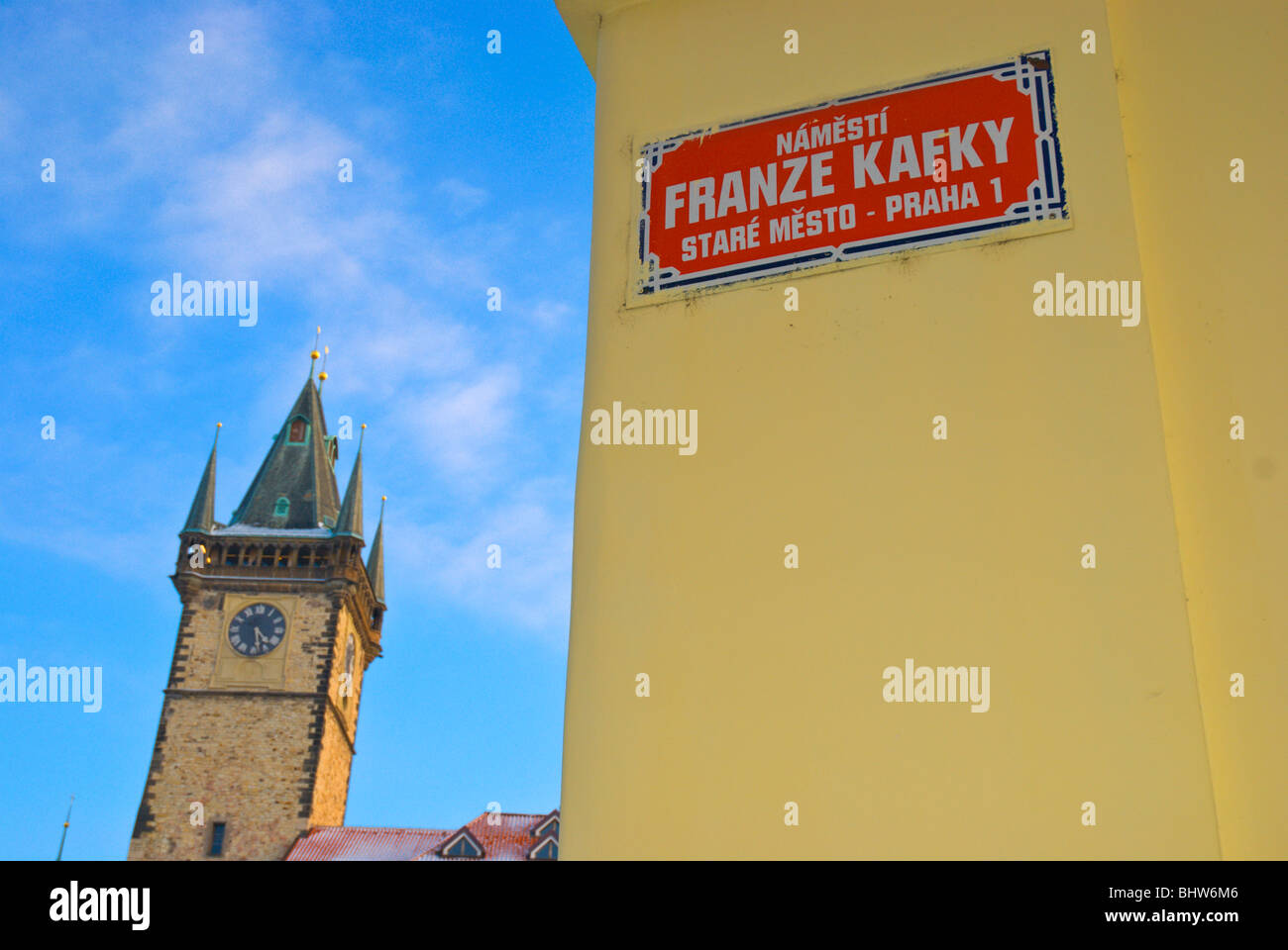 Frank Kafka square sign and old town hall tower Prague Czech Republic Europe Stock Photo