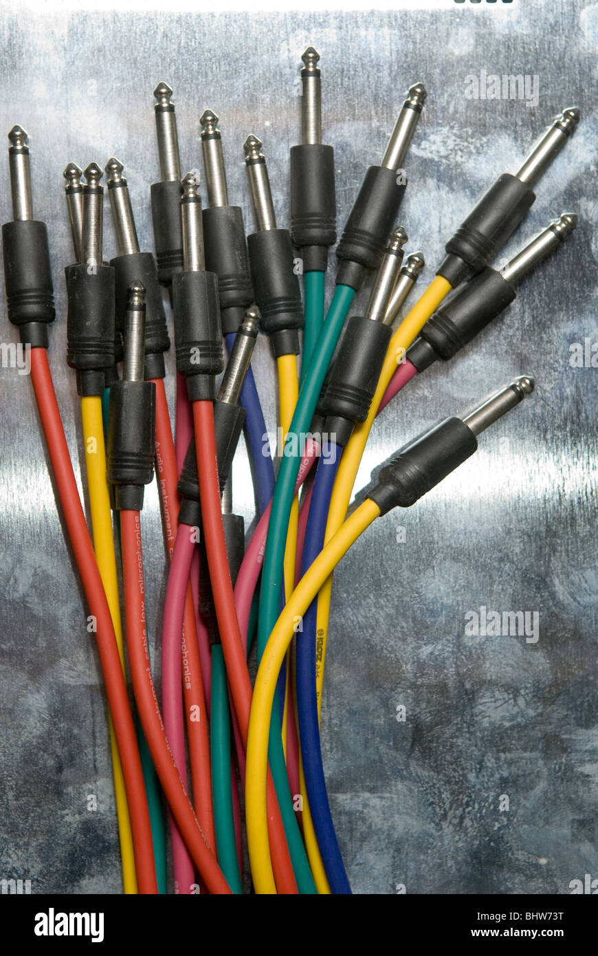 jack plugs with coloured leads Stock Photo Alamy
