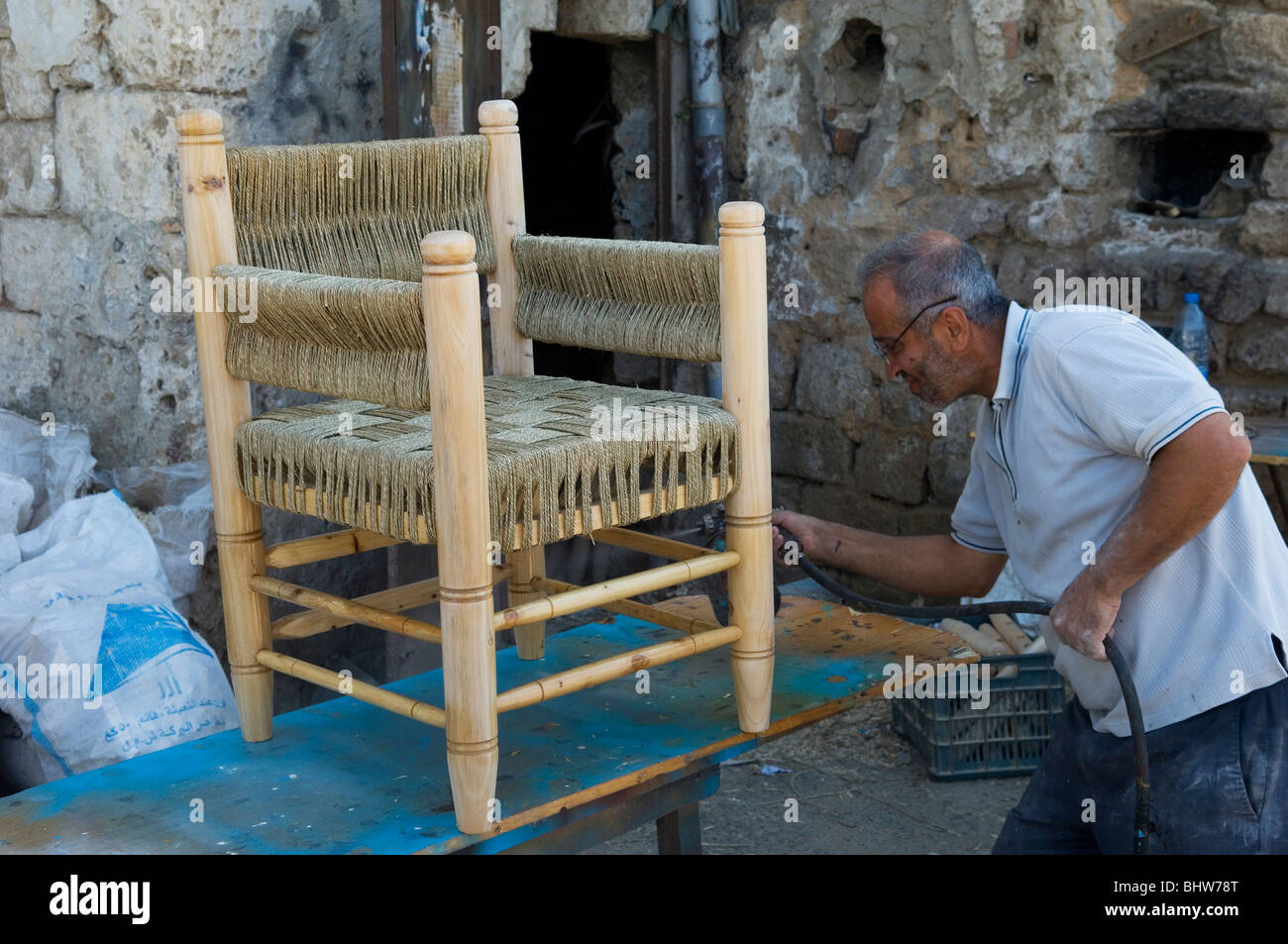 Craftsman making a chair in Saida Lebanon Middle East Asia Stock Photo