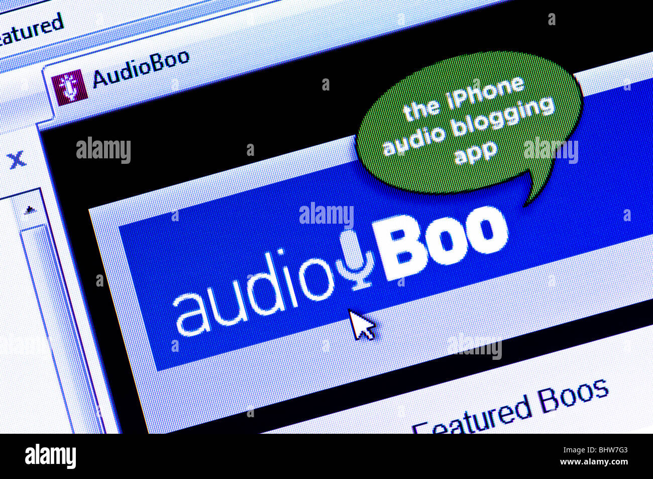 Macro screenshot of the AudioBoo website. Editorial use only. Stock Photo