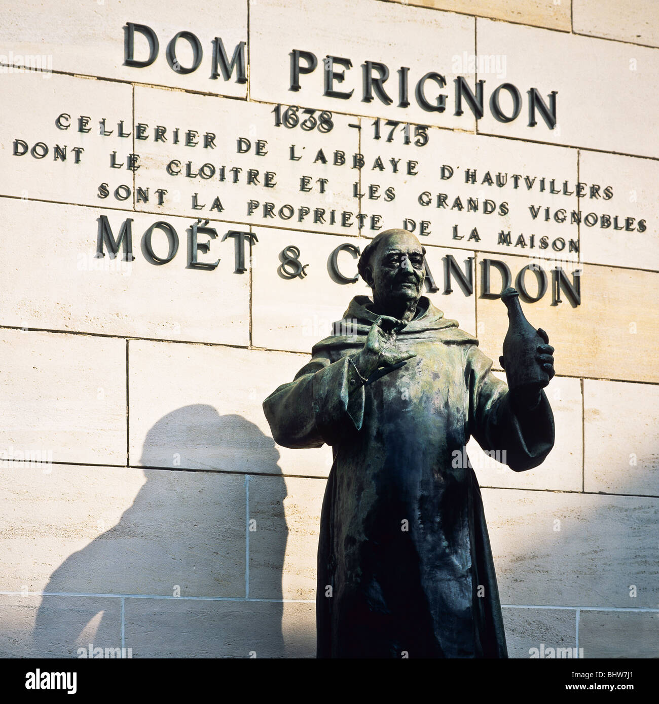 Monk Dom Perignon's statue at Moët & Chandon winery estate, house of Champagne, Epernay, Marne, Champagne, Grand Est, France, Europe, Stock Photo